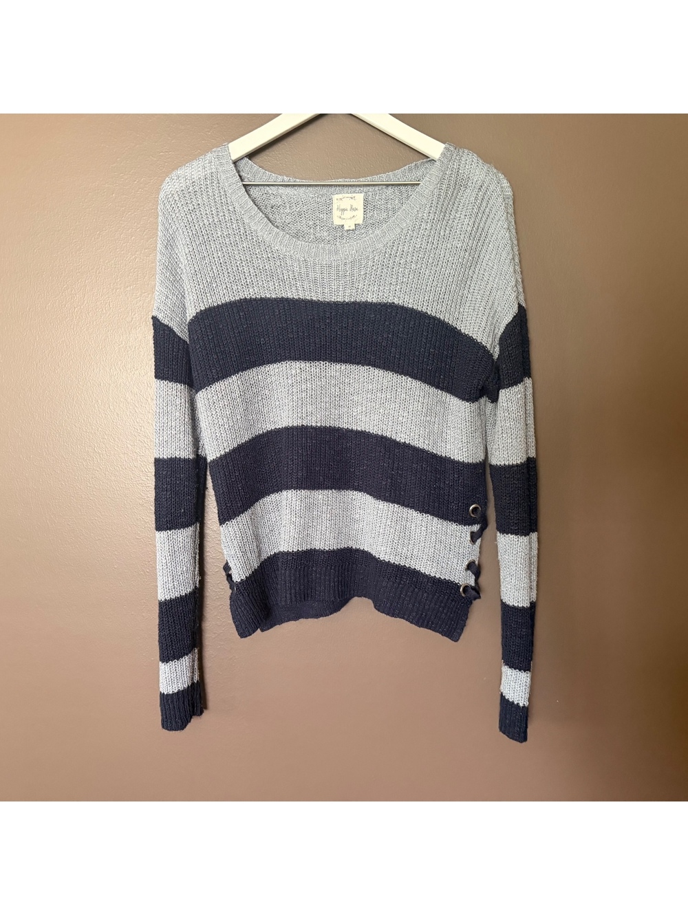 Hippie Rose Gray Navy Striped Open Knit Sweater Lace-Up Side M